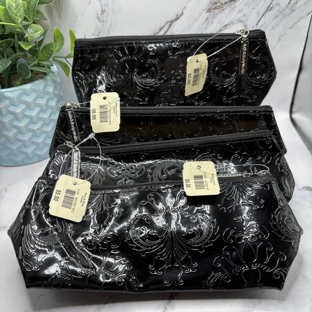 Bath & Body Works Black Patent Embossed Damask Cosmetic Bag Set‎ Of 4 NWT Rare